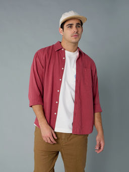American Eagle - Men Pink Long-Sleeve Linen-Blend Button-Up Shirt