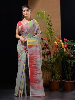 CHARUKRITI - Grey Handwoven Saree with Multicolour Motifs & Floral Designs
