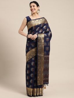 Mimosa - Women's Banarasi Art Silk Navy Blue Saree with Unstitched Blouse