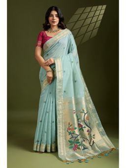 Mysilklove - Tiffany Blue Woven Muga Cotton Paithani Saree with Unstitched Blouse