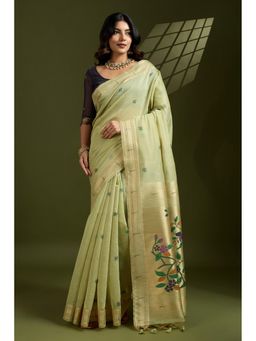 Mysilklove - Pear Green Woven Muga Cotton Paithani Saree with Unstitched Blouse