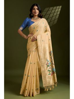 Mysilklove - Mellow Yellow Woven Muga Cotton Paithani Saree with Unstitched Blouse