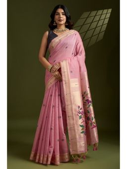 Mysilklove - Pink Pearl Woven Muga Cotton Paithani Saree with Unstitched Blouse