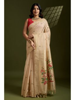 Mysilklove - Autumn Cream Woven Muga Cotton Paithani Saree with Unstitched Blouse
