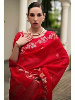Mysilklove - Red Floral Linen Silk Saree with Unstitched Blouse