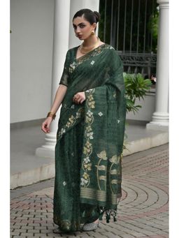 Mysilklove - Opal Green Floral Linen Silk Saree with Unstitched Blouse