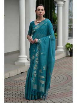 Mysilklove - Cybister Blue Floral Linen Silk Saree with Unstitched Blouse