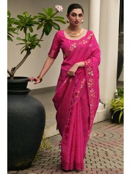 Mysilklove - Peony Pink Floral Linen Silk Saree with Unstitched Blouse
