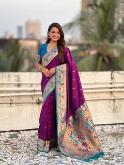 ELITE WEAVES - Purple Baluchari Silk Zari Woven Saree with Unstitched Blouse