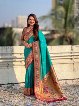 ELITE WEAVES - Green Baluchari Silk Zari Woven Saree with Unstitched Blouse