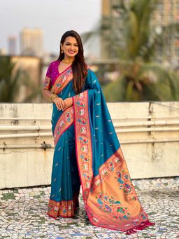ELITE WEAVES - Teal Baluchari Silk Zari Woven Saree with Unstitched Blouse