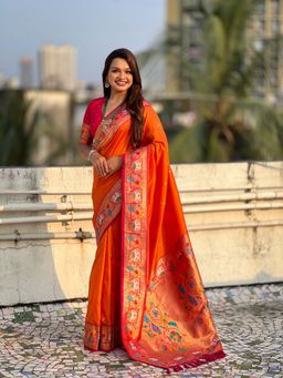 ELITE WEAVES - Orange Baluchari Silk Zari Woven Saree with Unstitched Blouse