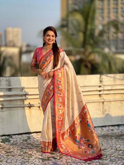 ELITE WEAVES - Cream Baluchari Silk Zari Woven Saree with Unstitched Blouse