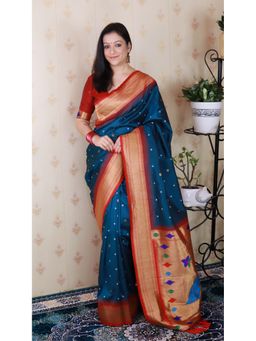 ELITE WEAVES - Blue Bandhani Paithani Silk Zari Woven Saree with Unstitched Blouse