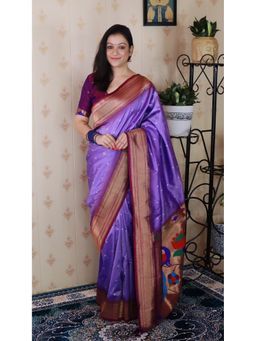 ELITE WEAVES - Lavender Bandhani Paithani Silk Zari Woven Saree with Unstitched Blouse