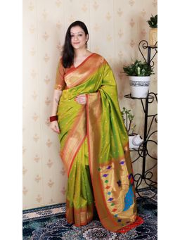 ELITE WEAVES - Green Bandhani Paithani Silk Zari Woven Saree with Unstitched Blouse
