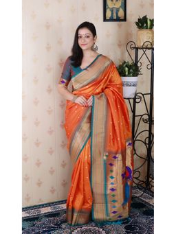 ELITE WEAVES - Orange Bandhani Paithani Silk Zari Woven Saree with Unstitched Blouse