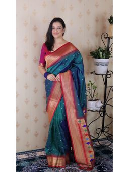 ELITE WEAVES - Teal Bandhani Paithani Silk Zari Woven Saree with Unstitched Blouse
