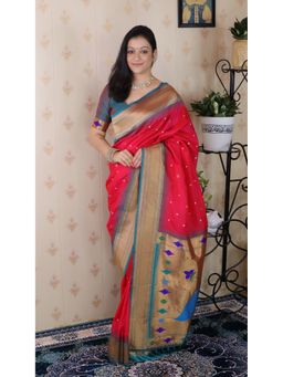 ELITE WEAVES - Pink Bandhani Paithani Silk Zari Woven Saree with Unstitched Blouse