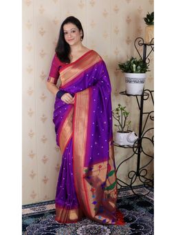 ELITE WEAVES - Purple Bandhani Paithani Silk Zari Woven Saree with Unstitched Blouse