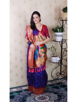 ELITE WEAVES - Blue Bandhani Paithani Silk Zari Woven Saree with Unstitched Blouse