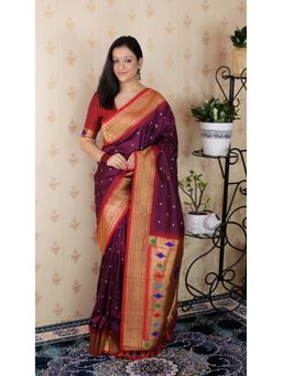 ELITE WEAVES - Wine Bandhani Paithani Silk Zari Woven Saree with Unstitched Blouse
