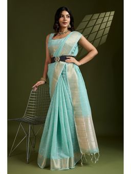 Mysilklove - Rainy Blue Woven Tissue Linen Saree with Unstitched Blouse