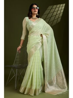Mysilklove - Pista Green Woven Tissue Linen Saree with Unstitched Blouse
