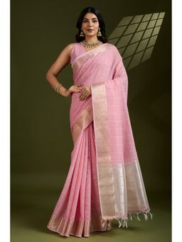Mysilklove - Shimmer Pink Woven Tissue Linen Saree with Unstitched Blouse