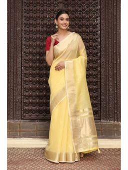 Mysilklove - Crayola Yellow Woven Cotton Saree with Unstitched Blouse