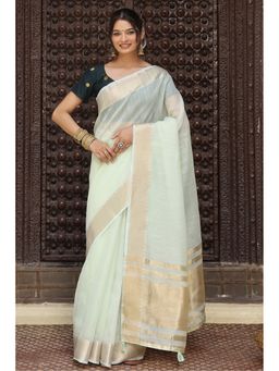 Mysilklove - Pistachio Green Woven Cotton Saree with Unstitched Blouse