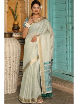 Mysilklove - Glitter White and Green Woven Linen Saree with Unstitched Blouse