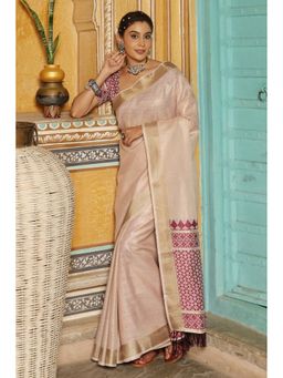 Mysilklove - Paper White and Purple Woven Linen Saree with Unstitched Blouse