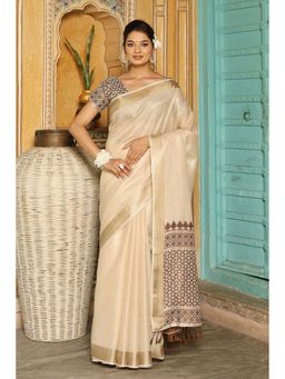 Mysilklove - Floral White and Brown Woven Linen Saree with Unstitched Blouse