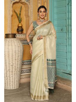 Mysilklove - Ghost White and Green Woven Linen Saree with Unstitched Blouse