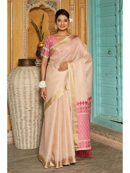 Mysilklove - Lotus Pink Woven Linen Saree with Unstitched Blouse