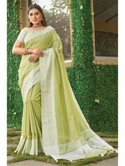Mysilklove - Wairrose Green Handloom Linen Saree with Unstitched Blouse