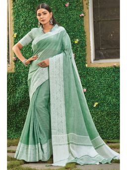 Mysilklove - Ocado Green Handloom Linen Saree with Unstitched Blouse