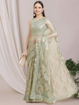 INDDUS - Women Green Geometric Sequined Saree with Unstitched Blouse