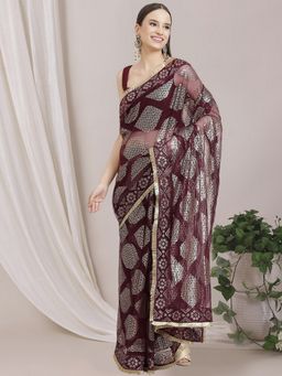 INDDUS - Women Wine Geometric Sequined Embroidered Saree with Unstitched Blouse