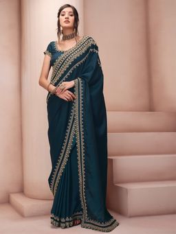 INDDUS - Women Teal Ethnic Motifs Zari and Sequined Embroidered Saree with Unstitched Blouse