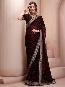 INDDUS - Women Maroon Striped Zari and Sequined Embroidered Saree with Unstitched Blouse