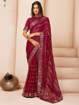 INDDUS - Women Maroon Striped Zari and Sequined Embroidered Saree with Unstitched Blouse