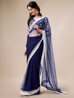 INDDUS - Women Navy Blue Thread Embroidered Border Saree with Unstitched Blouse