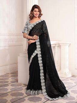 INDDUS - Women Black Thread Scalloped Embroidered Saree with Embroidered Unstitched Blouse