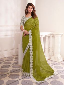 INDDUS - Women Green Thread Scalloped Embroidered Saree with Embroidered Unstitched Blouse