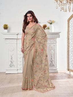 INDDUS - Women Beige Floral Thread and Sequined Embroidered Saree with Unstitched Blouse