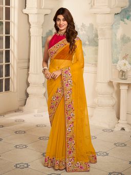 INDDUS - Women Yellow Floral Thread and Sequined Embroidered Saree with Unstitched Blouse