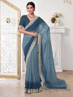 INDDUS - Women Blue Shaded Sequined and Zari Embroidered Border Saree with Unstitched Blouse