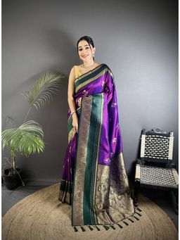 Elora - Purple Soft Silk Woven Dual Zari Work Banarasi Saree with Unstitched Blouse